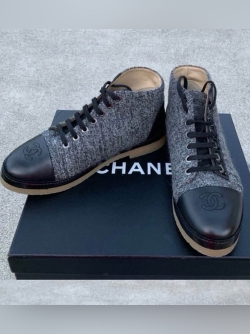 CHANEL CC Tweed Lace-Up Ankle Boots